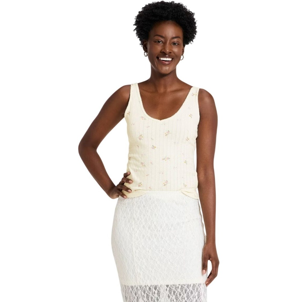 Universal Thread Women's White Floral Pointelle Knit V-Neck Tank Top Size Large